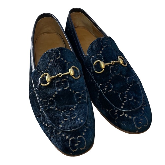 Gucci Jordaan Navy Blue GG Monogram Velvet Horsebit Loafers Mens 8.5 Made in IT